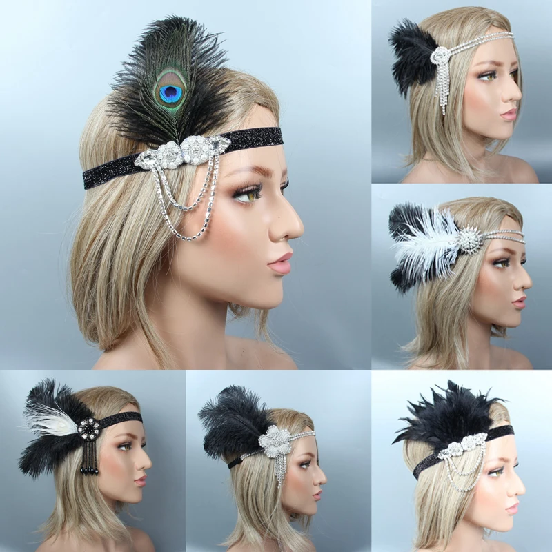 Vintage Feather Headband for Women 1920s Hair Accessories Black Rhinestone Beaded Sequin Elastic Hairband Headwear Headpiece