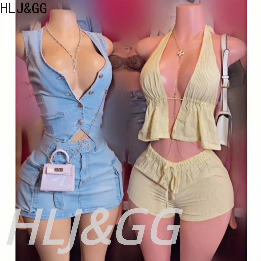 

HLJ&GG Summer New Stripe Print Halter Two Piee Sets Women Deep V Backless Bandage Top And Shorts Outfits Casual 2pcs Streetwear