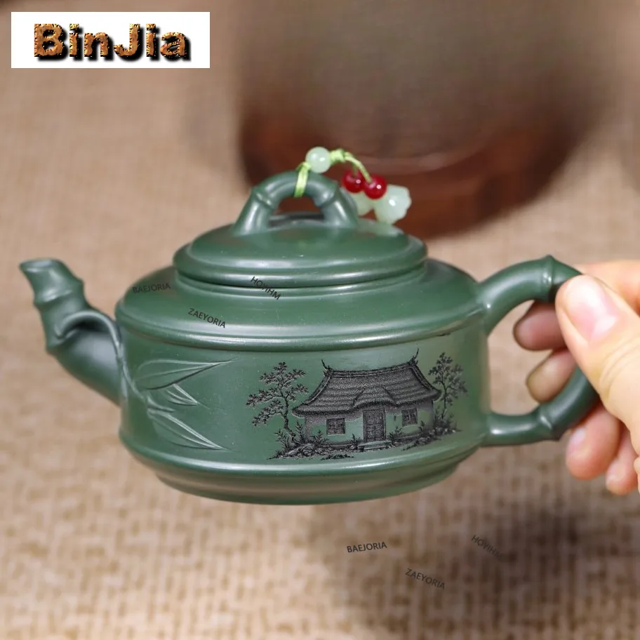270ml Classic Yixing Purple Clay Teapots Handmade Bamboo Pot Raw Ore Dark Green Mud Kettle Zisha Tea Set Ornaments Collection