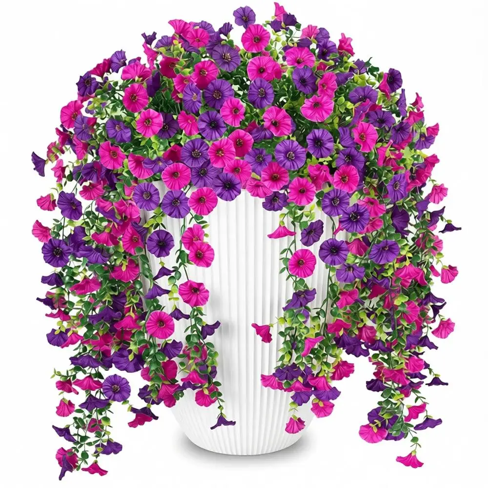 

UV-Resistant Artificial Morning Glory and Eucalyptus Hanging Plants, 2-Piece Set for Indoor or Outdoor Use, Ideal for Patio and