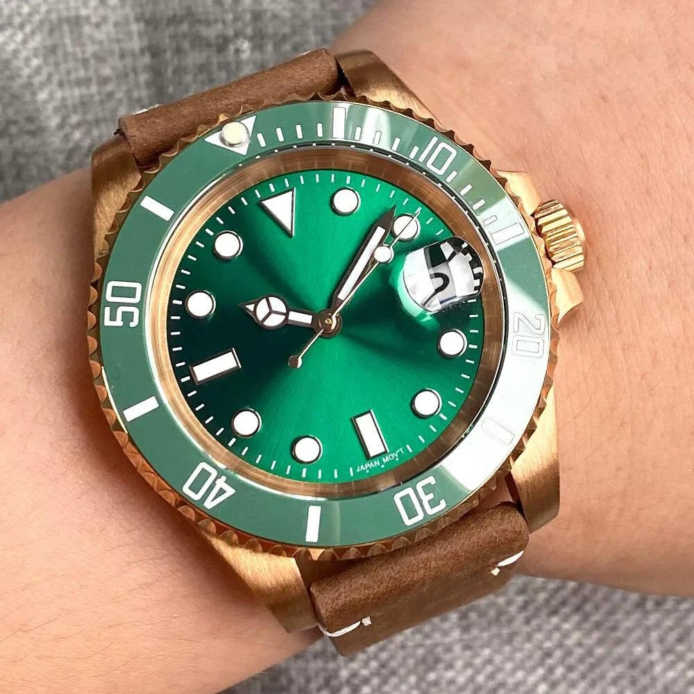 Customized Automatic Men Watch 40MM CUSN8 Bronze Case NH35 Movement 200m Waterproof Sapphire Glass Green/Blue Dial Leather Strap