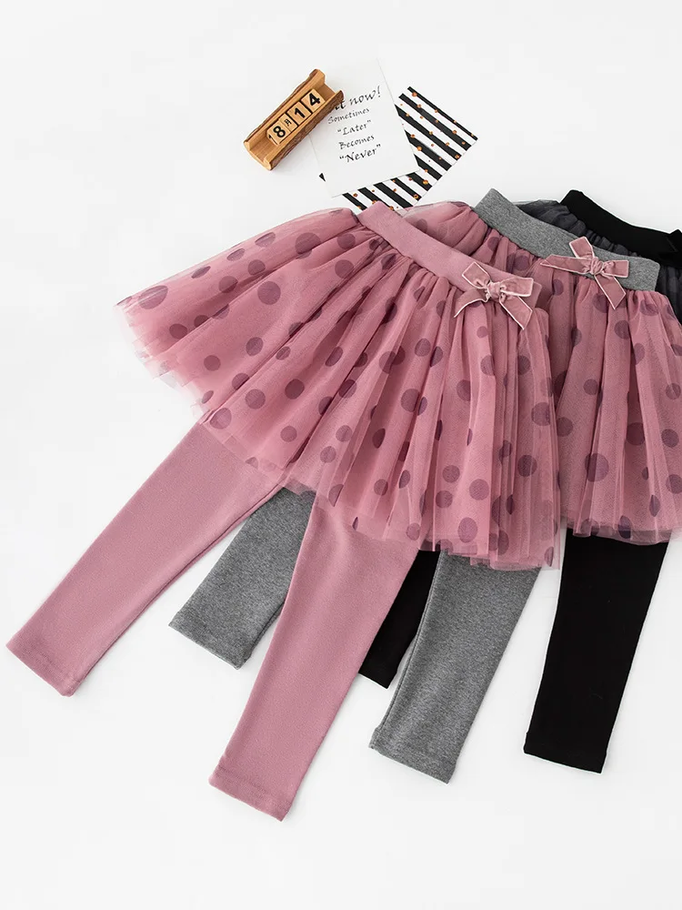 Autumn Spring Girls Lace Cotton Dot Leggings Dress Kids 3-9Y Skirt 100-150 Students New Delivery Children's Clothing