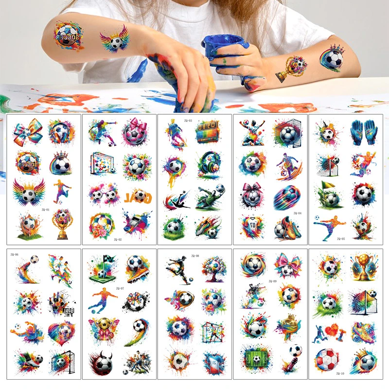 10 قطعة/المجموعة الملونة كرة القدم المؤقتة لصاقات وشم الكرتون كرة القدم مروحة الوشم ملصقات للماء للحزب هدية