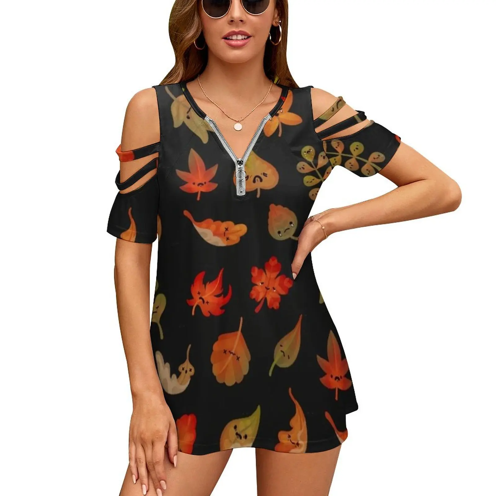 Triste foglie cadute nuova moda zip con spalle scoperte camicia da donna a maniche corte autunno autunno lascia Pikaole foglie cadute stagione foglia