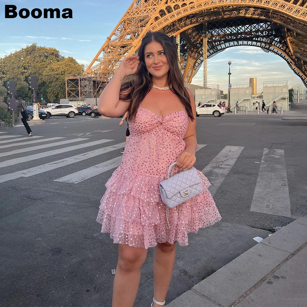 

Booma Pink Mini Prom Party Dresses Sweetheart Tiered Sequined Evening Dresses Party Cocktail Gowns vestidos de graduación