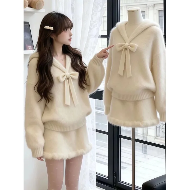 Ele الشتاء الزي المرأة الجديدة 2026 الأبيض ربطة عنق محبوك سترة وتنورة مجموعة Faionable تنفس البوليستر