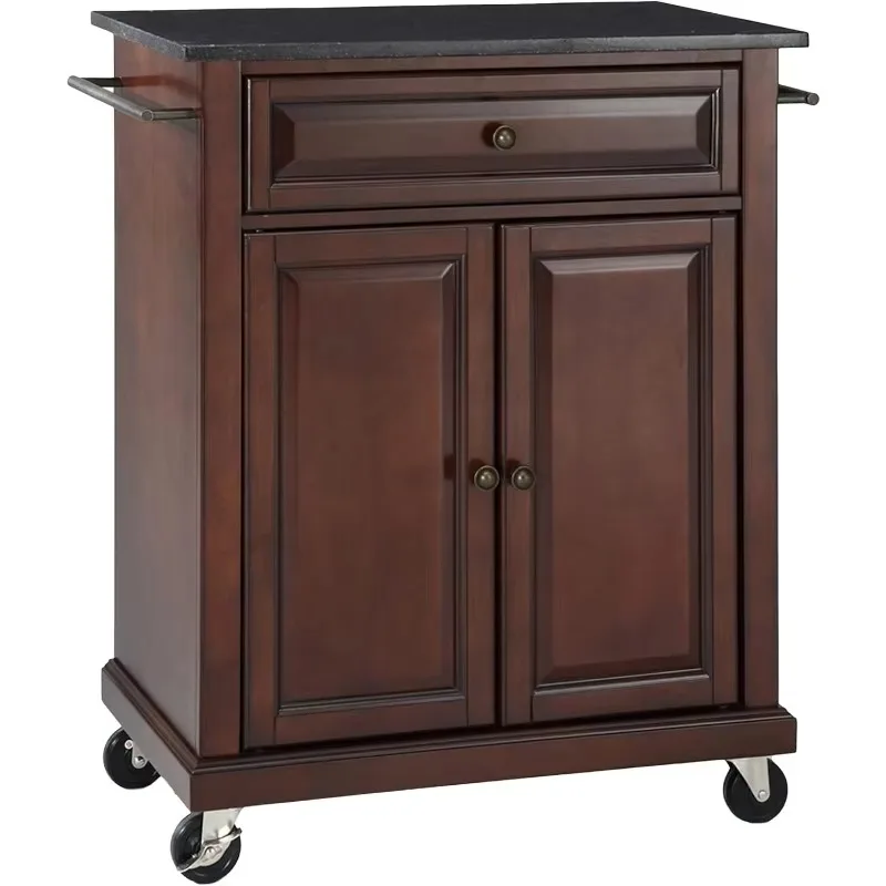 Compact Kitchen Island with Solid Black Granite Top, Mahogany