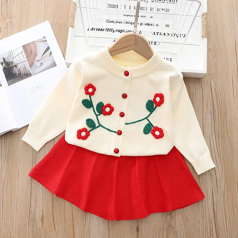 1-6Y Girls Spring Autumn 2PCS Clothes Set Flower Embroidery Round Collar Kids Girls Cardigan Pleated Skirt Baby Girls Sweet Suit