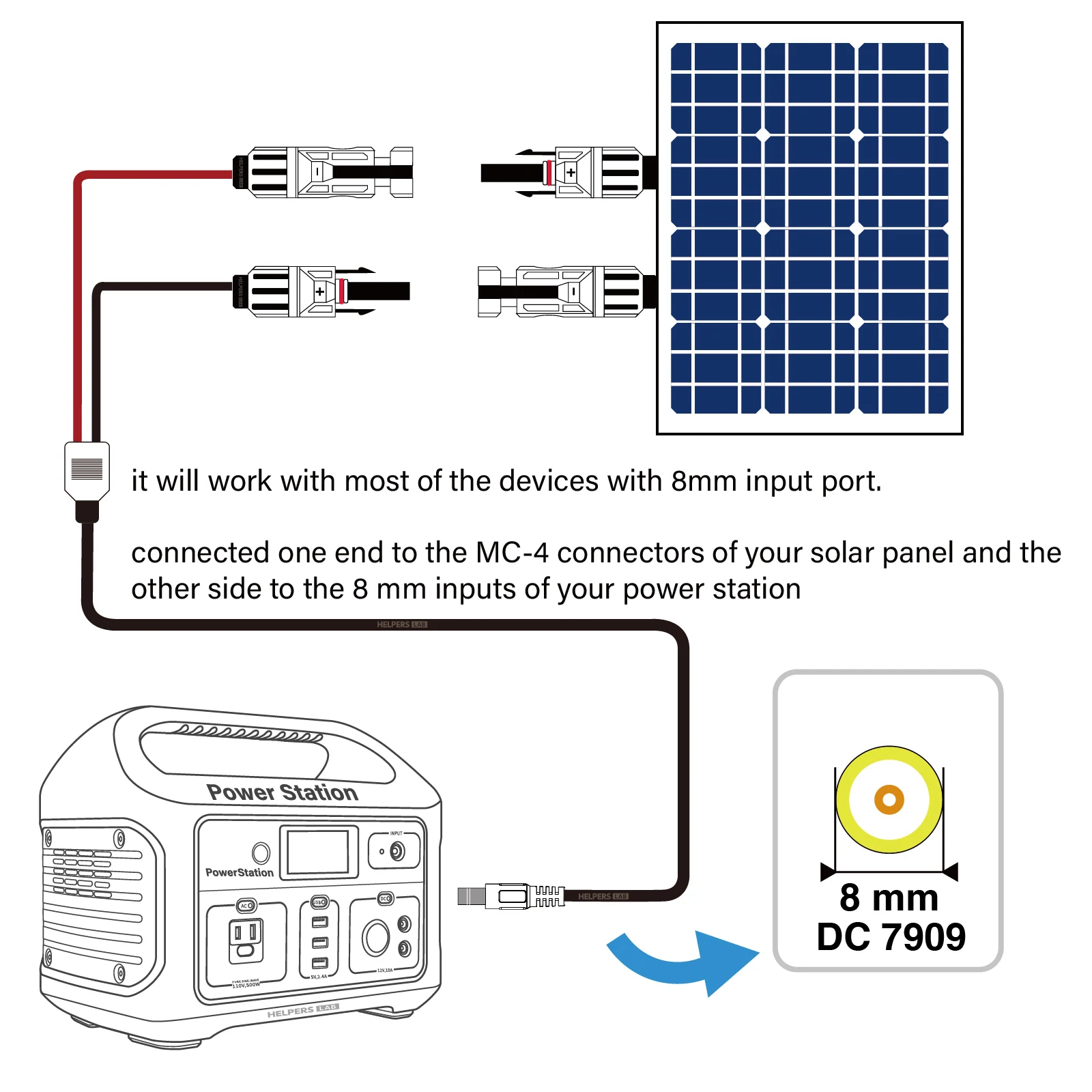 Solar Panel to 8mm Adapter Cable DC 8mm Connector w/ DC 5.5x2.5mm Converter for Portable Power Station GZ Yeti Jackery Generator