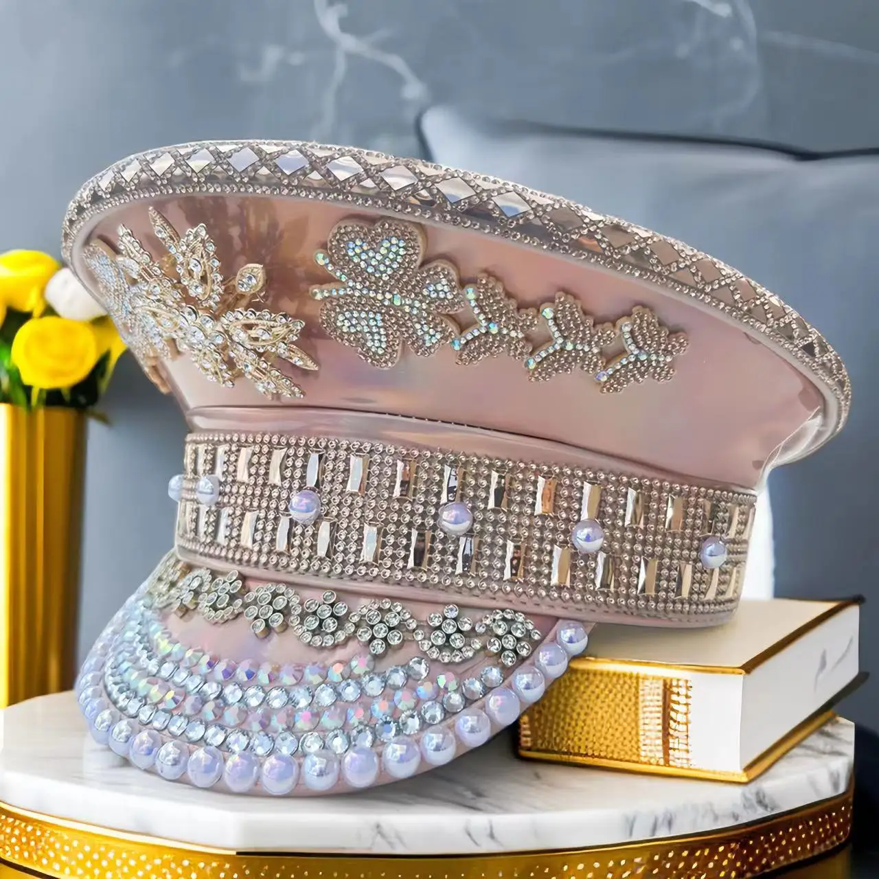 HongLuan A Women men Corcal Powder Military Cap Delicate Little Rhinestone Pearl Gemstone Laser Navy Party Hats army accessories