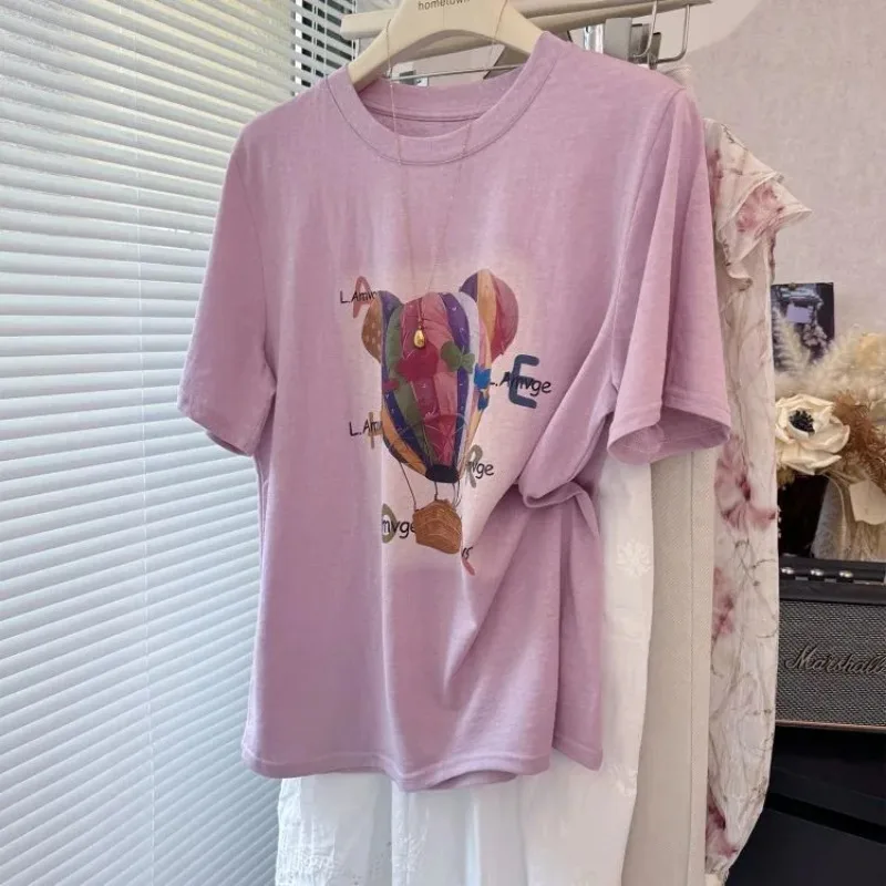 Hot Air Balloon Print Ice Cotton T-shirt Summer Slim Shoulder Short Sleeve Lightweight Women Tops