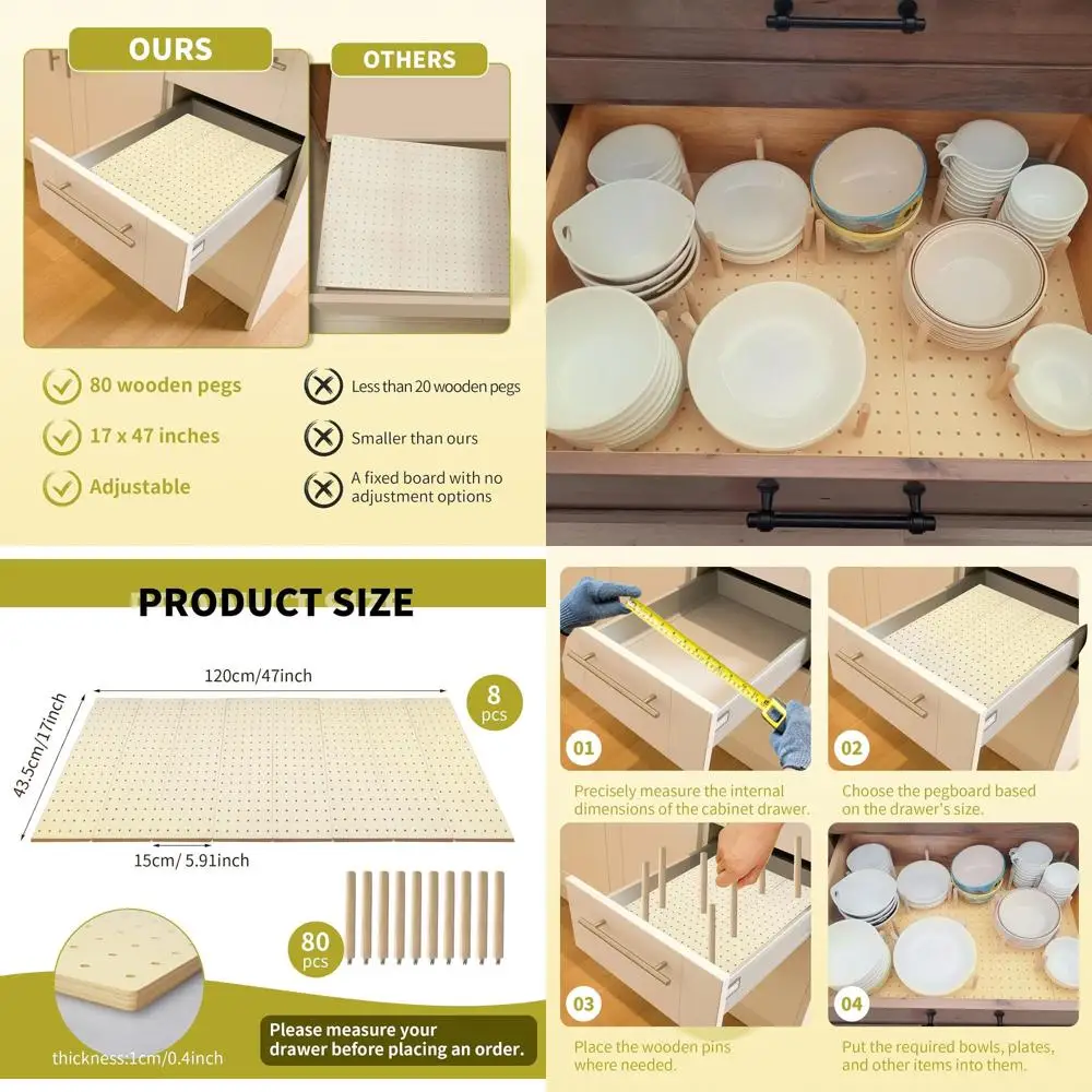 

Adjustable Wooden Pegboard Drawer Organizer, 8 Compartments with 80 Pegs, 17x5.91, for Kitchenware & Utensils