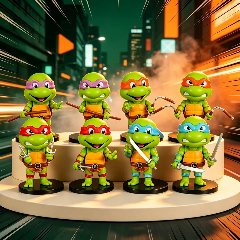 Nuevas figuras de las Tortugas Ninja en versión Q, adorables y perfectas para decorar el salpicadero del coche, el escritorio o como adorno. Muñecos y juguetes, un regalo ideal para los fans de TMNT.