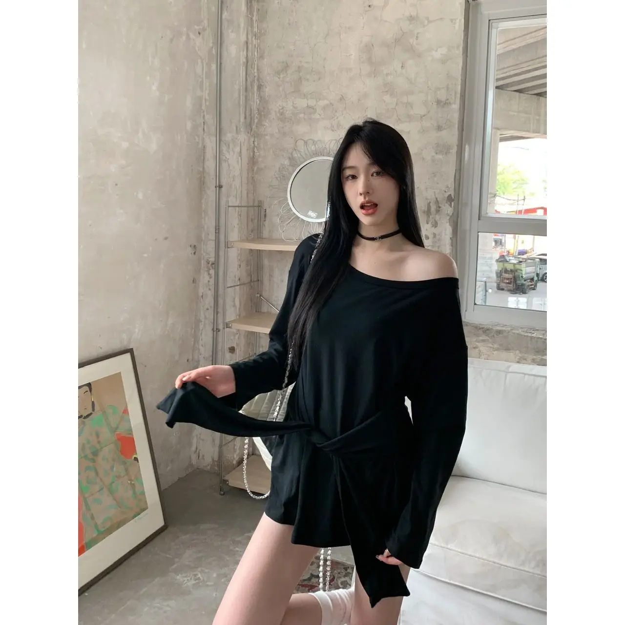 Sweet Spicy Lazy Style Long Sleeve T-Shirt Women's Loose Casual Versatile Loose Feeling Top Korean Style Pure Color Autumn Ne...