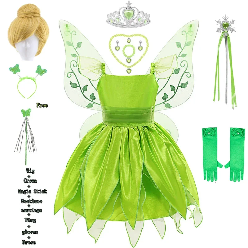 Halloween tinkerbelling costume for girls flower fairy cosplay costume Kids Carnival green princess gown children birthday gift