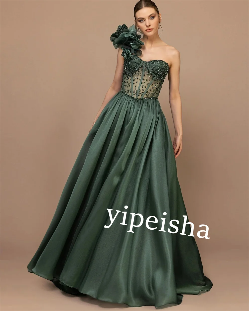 Customized Jersey Pleat Sequined Christmas A-line One-shoulder Bespoke Occasion Gown  Long Dresses