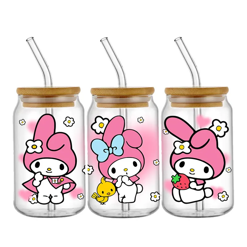 My Melody Sanrio Cute Pink UV DTF Wraps Sticker DIY For 16oz Cup Phone Laptop Waterproof Decals Coffee Cup Sticker