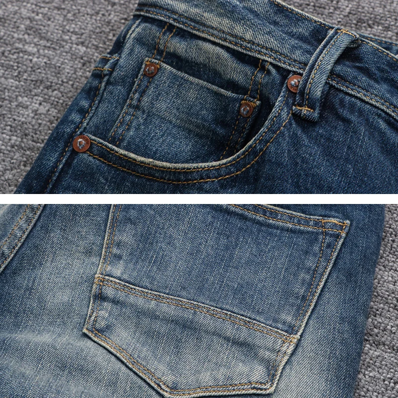 European Fashion Men Jeans High Quality Retro Blue Elastic Slim Ripped Jeans Men Embroidery Designer Vintage Denim Pants Hombre