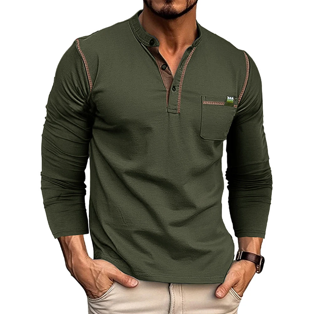 Fashion Men\'s Button Henley Collar T-Shirts Long Sleeve Solid Color Pocket Casual Muscle Tees Tops T Shirt Man Clothing