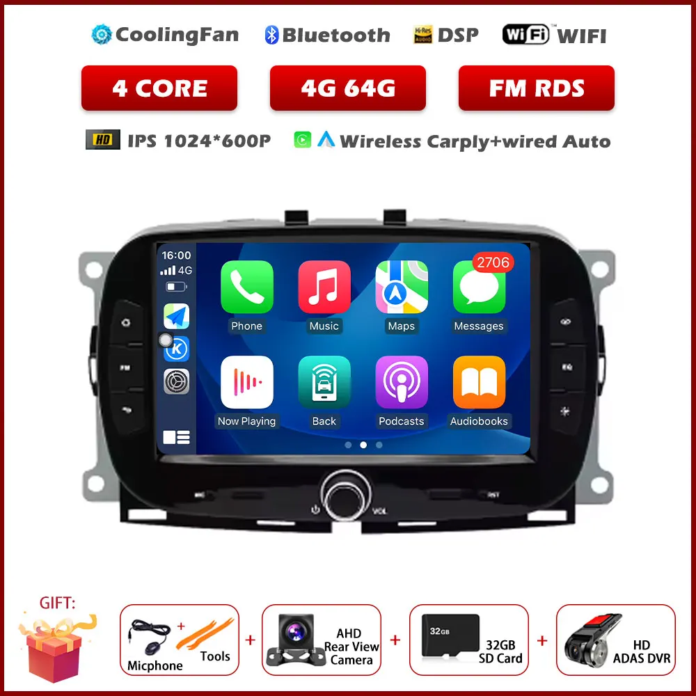 7 "Autoradio Voor FIAT 500 2016 2017 2018 2019 GPS Navigatie Android Auto Carplay Multimedia Speler 5G Wifi BT 360 Camera DSP