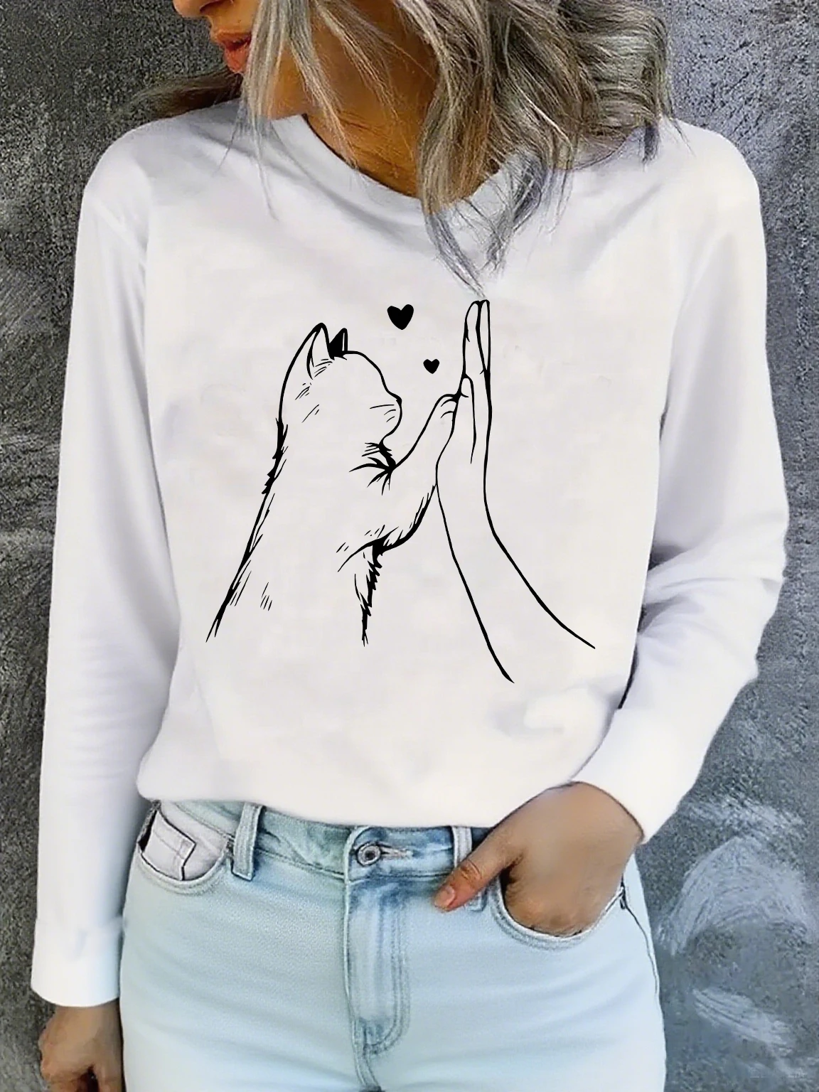 مضحك مريح جميل القط باو القلب طباعة كم طويل قميص تي شيرت المرأة تي شيرت طاقم الرقبة الأعلى المحملة التي شيرت عادية