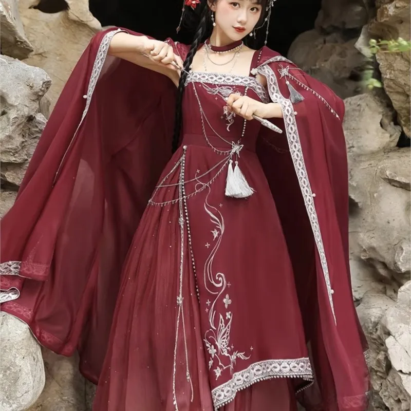 Hanfu Western red cloak exotic style new Chinese slip dress set