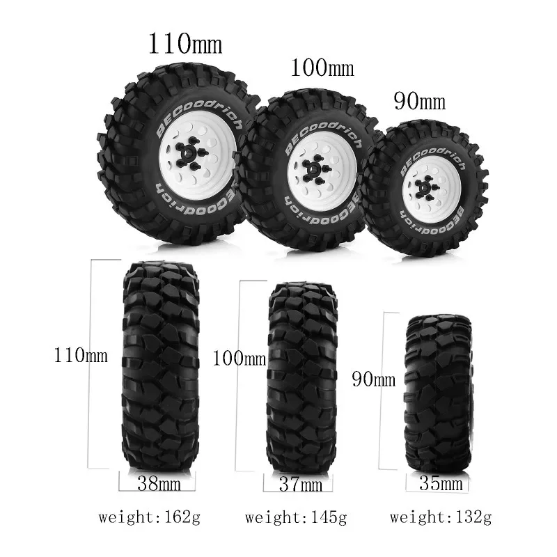 4 pçs 1.9 Polegada aro da roda de metal 90 100 110mm pneu de borracha para carro rastreador rc trx4 scx10 d90 cc01 yikong 4102 4103