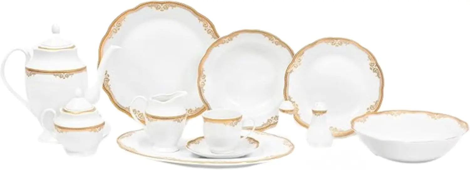 

Floral Dinnerware Set for 8-49 Piece Vintage Flower Design - White and Gold Porcelain - Bowls, Cups and Plates Sets - Kitchen an