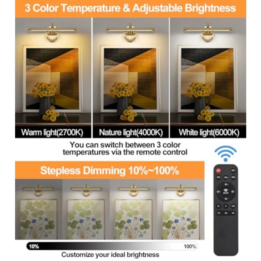 Picture Light for Wall, Battery Operated Art Lights for Painting, 3 Color Selections and Brightness, Adjustable Wireless Portra