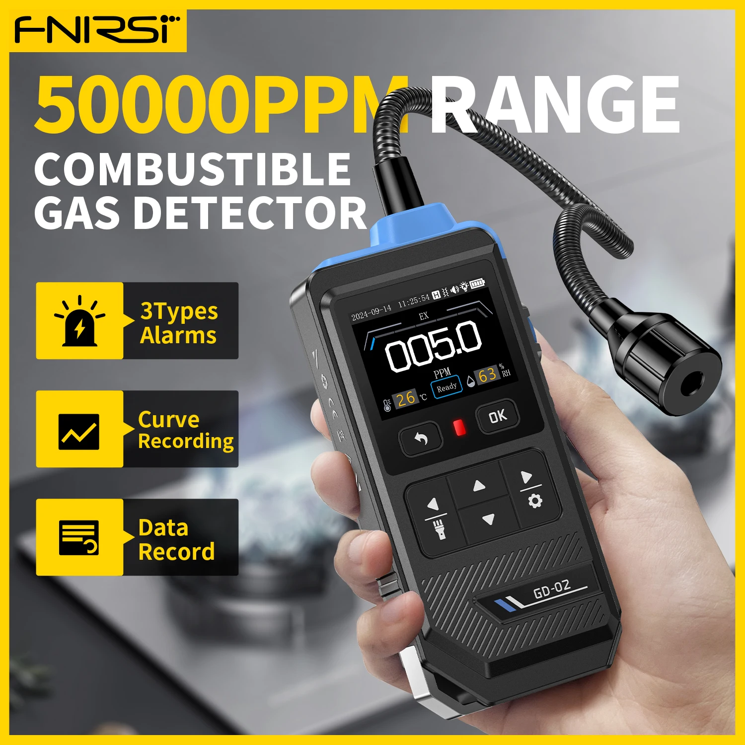 FNIRSI GD-02 Combustible Gas Leak Detector 0~50000ppm Methane Propane Isobutane Sensor with Alarm for Home & Industrial Use