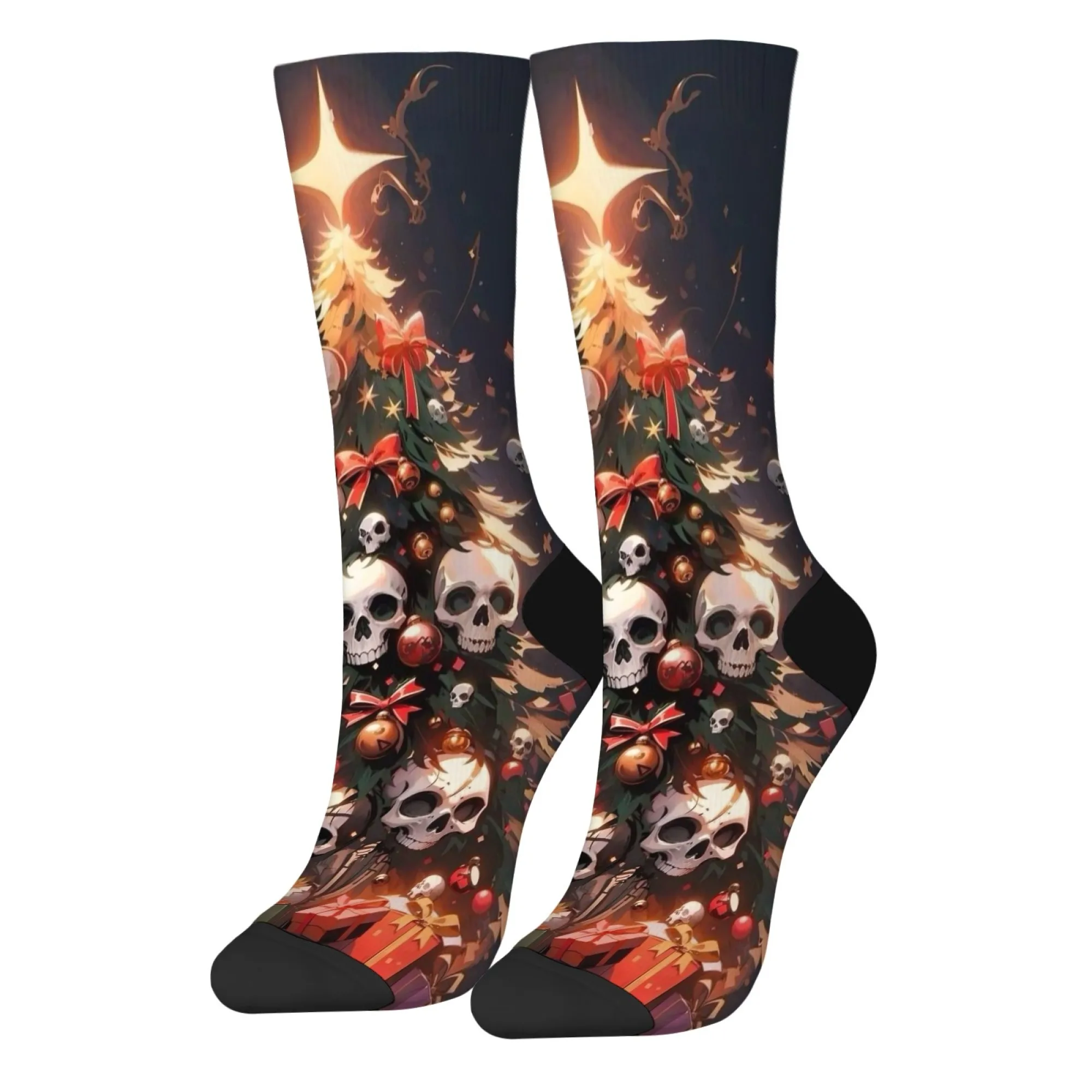 팝 문화 테마 남성용 크루 양말 야외 여행 하이킹 및 사이클링을 위한 속건성 통기성 독특한 해골 크리스마스 트리 프린트