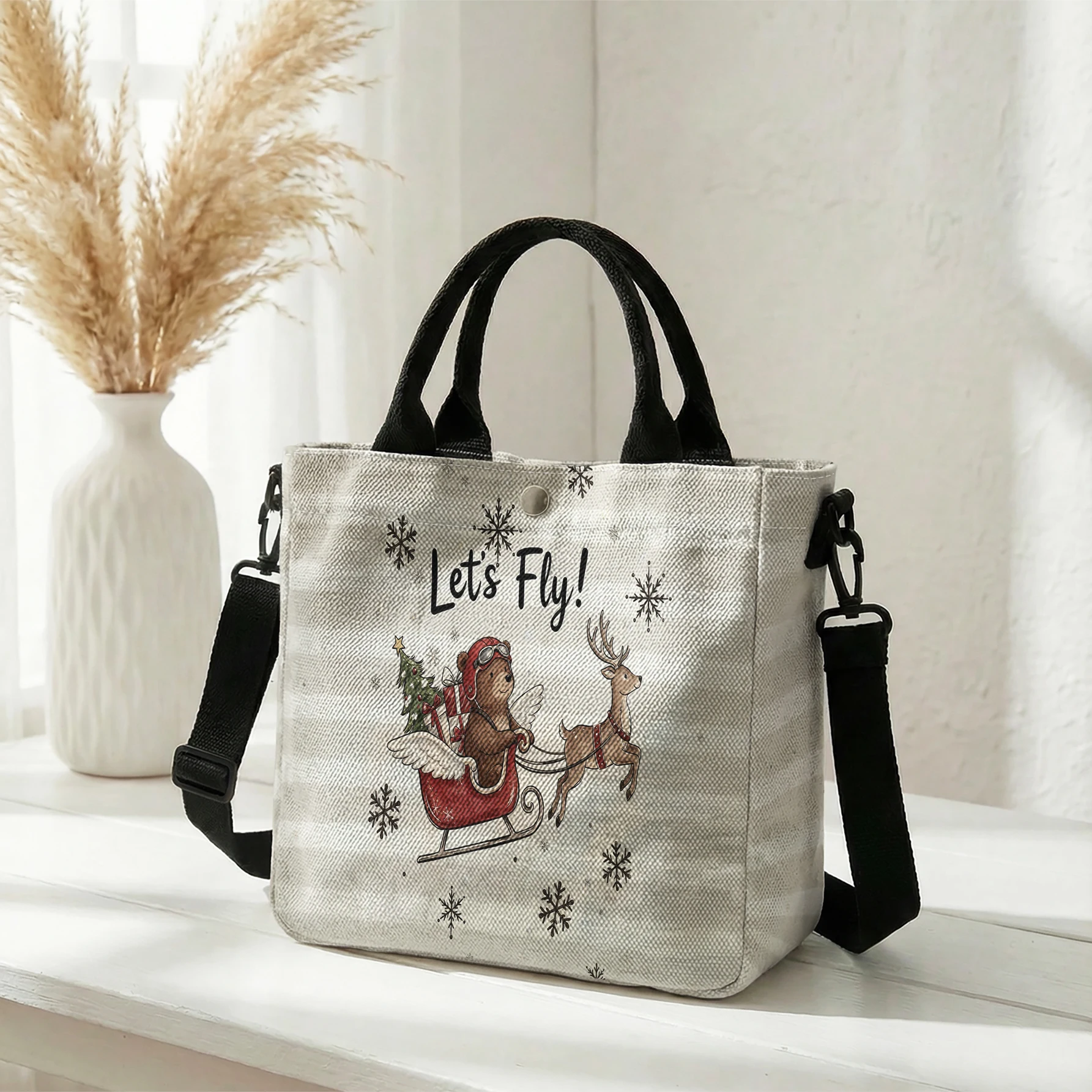Let's Fly Bear Sleigh Reindeer Print Tote Bag, Detachable Strap Crossbody Handbag For Daily Work Shopping