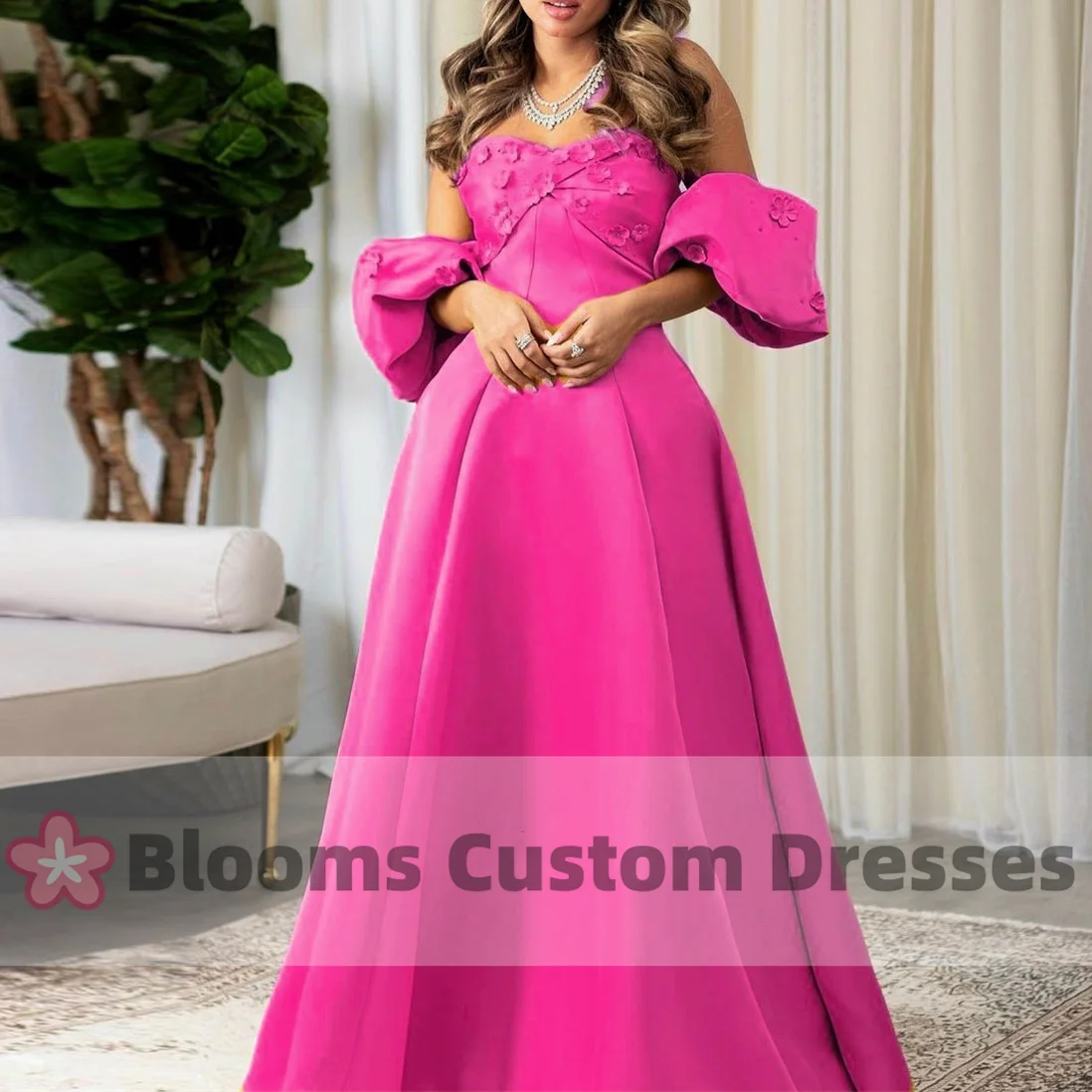 

Blooms Gorgeous Satin Flowers Long Evening Dresses Puff Sleeves A-Line Lace-up Custom Prom Dress Wedding Formal Occasion Gown