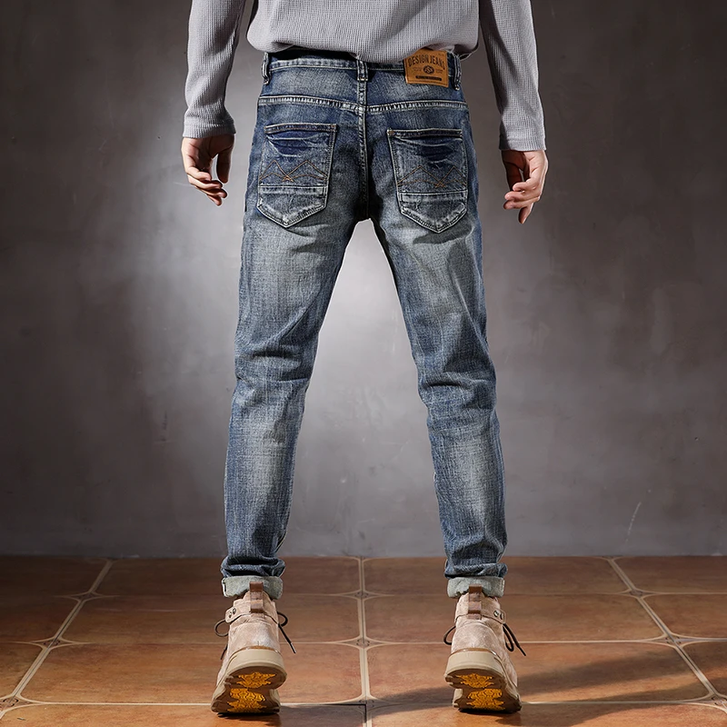 High quality men's jeans new slim fit straight leg scraped and washed elastic men's pants skinny jeans men  ripped jeans