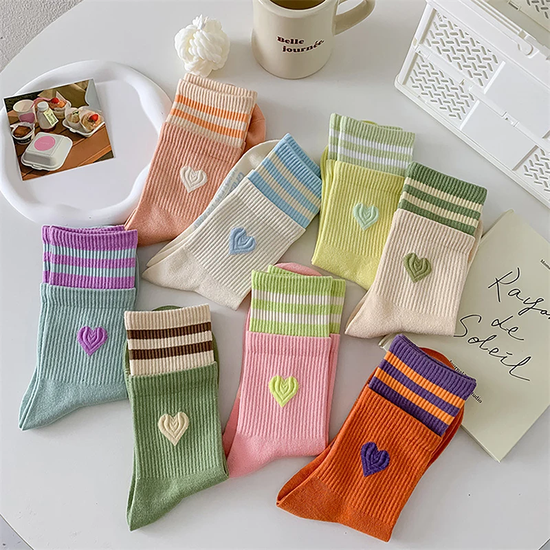 Japanese Sweet Style Women Socks Macaroon Color Love Heart Embroidered Cotton Sock Harajuku Striped Calcetines