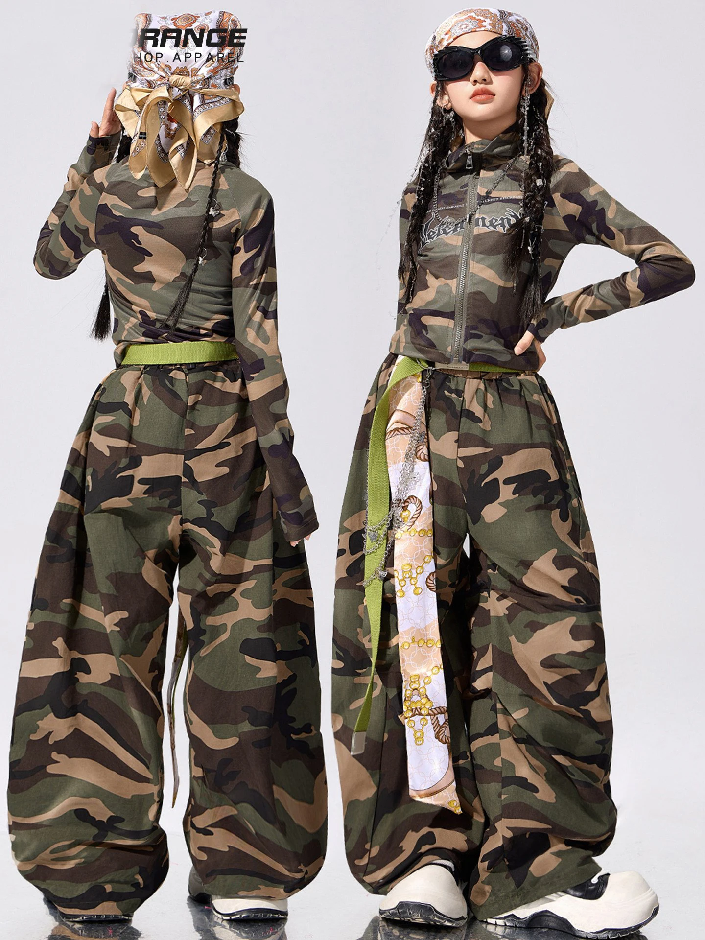 Novas meninas hip hop roupas de dança camuflagem mangas compridas terno crianças jazz dança topos calças prática desempenho traje palco wear
