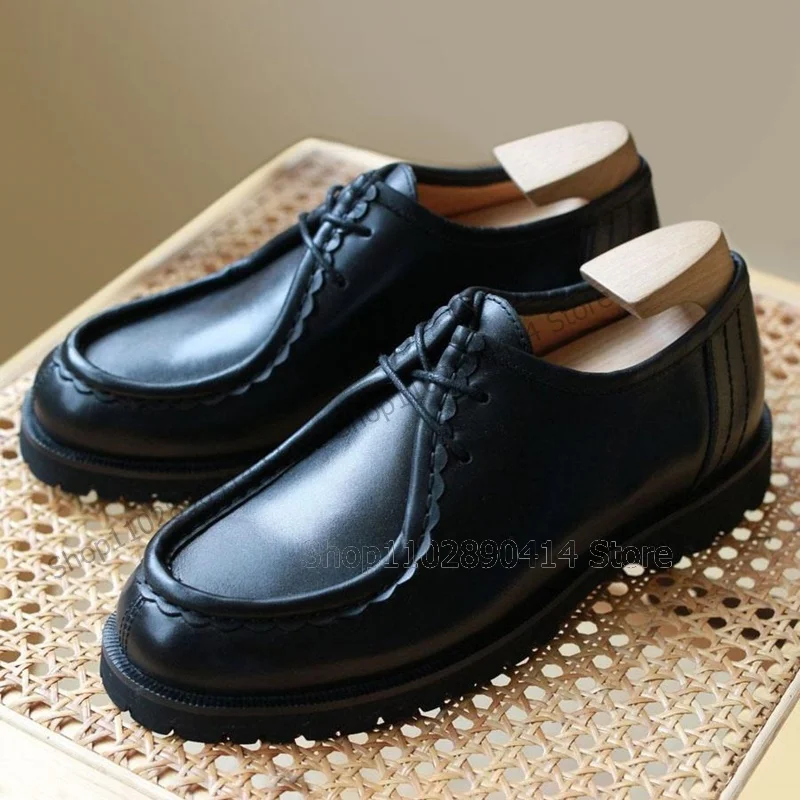 Black Sewing Design Ruffles Decor High Top Loafers Fashion Lace Up Male Shoes Luxurious Handmade Party Banquet Men Casual Shoes