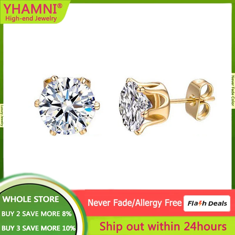 Allergy free/Never fade 1 Carat Zircon Diamant Stud Eariings for Women Men Fine Golden Wedding Ear Jewelry Fashion Accessories