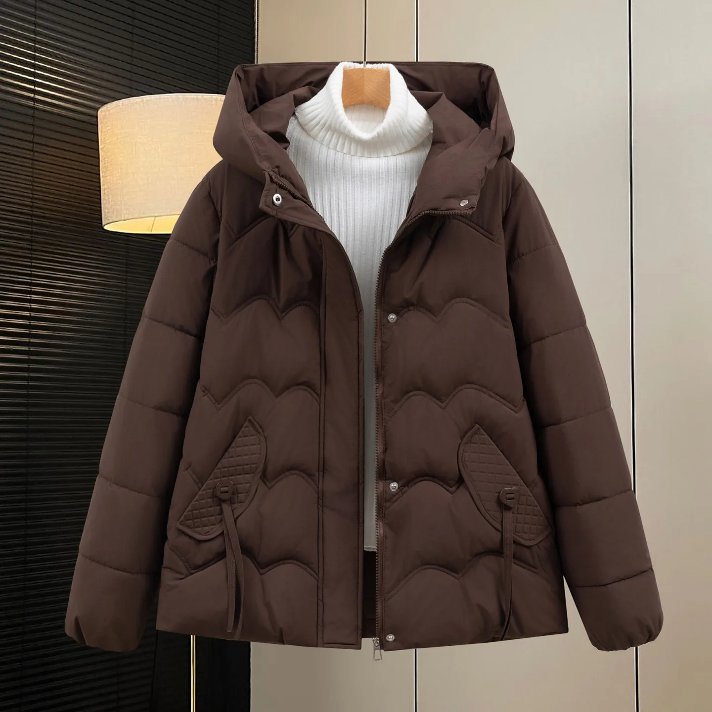 Hooded Women Parkas Coats Short Oversized Jacket Solid Long Sleeves Zipper Thick Straight Office Lady Casual 2025 Autumn Winter