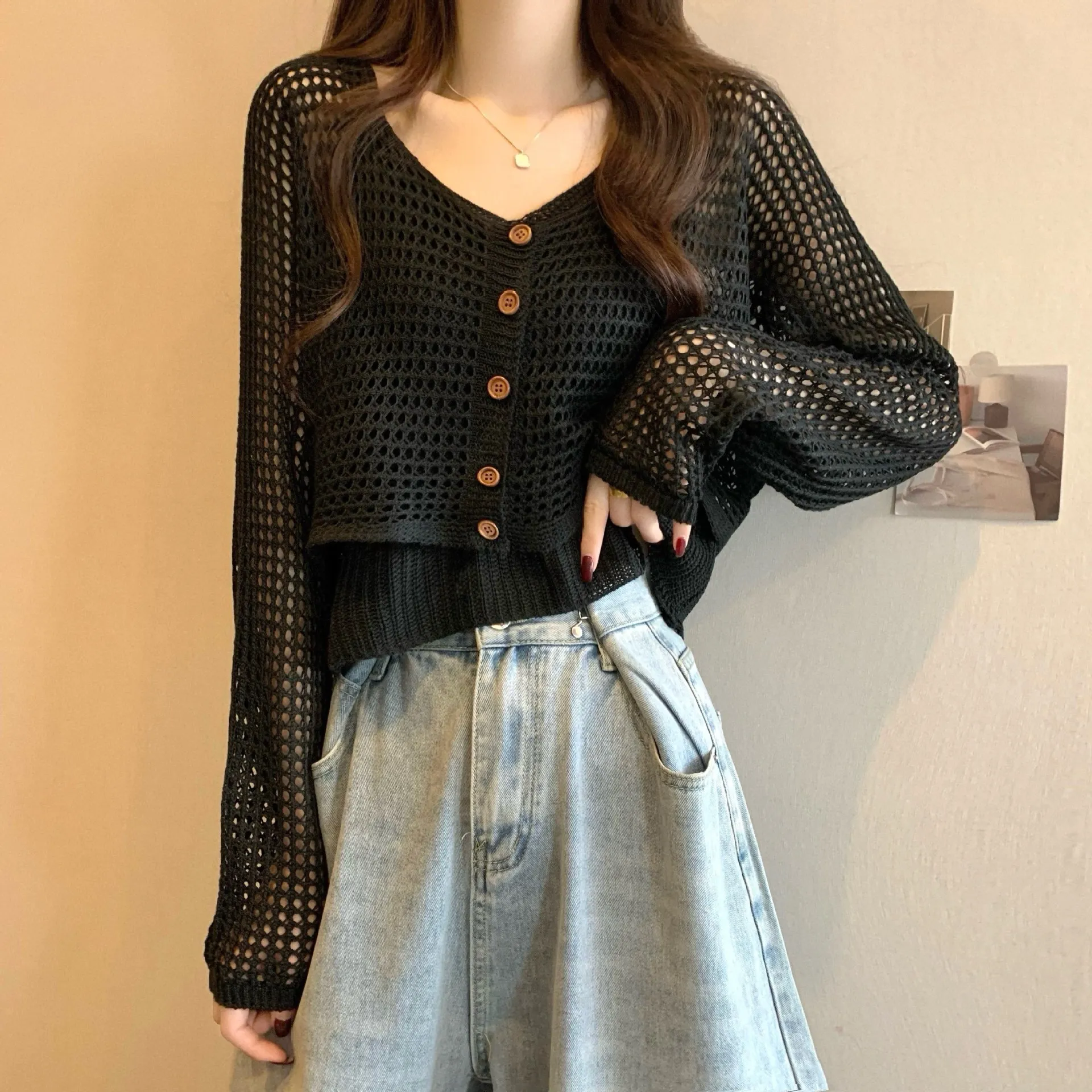Knit Cropped Top Outerwear Cardigan Spaghetti-Strap 2 Piece Set Women Outfit Hollow Out Sun-Protective Coat Spring Autumn Loose