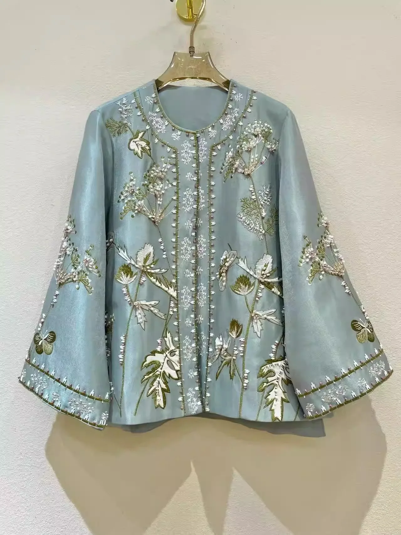 

Handmade Beading Embroidered Lake Blue Coat New 2026 Retro Chinese Style Women Fashion Loose Pink Jacket