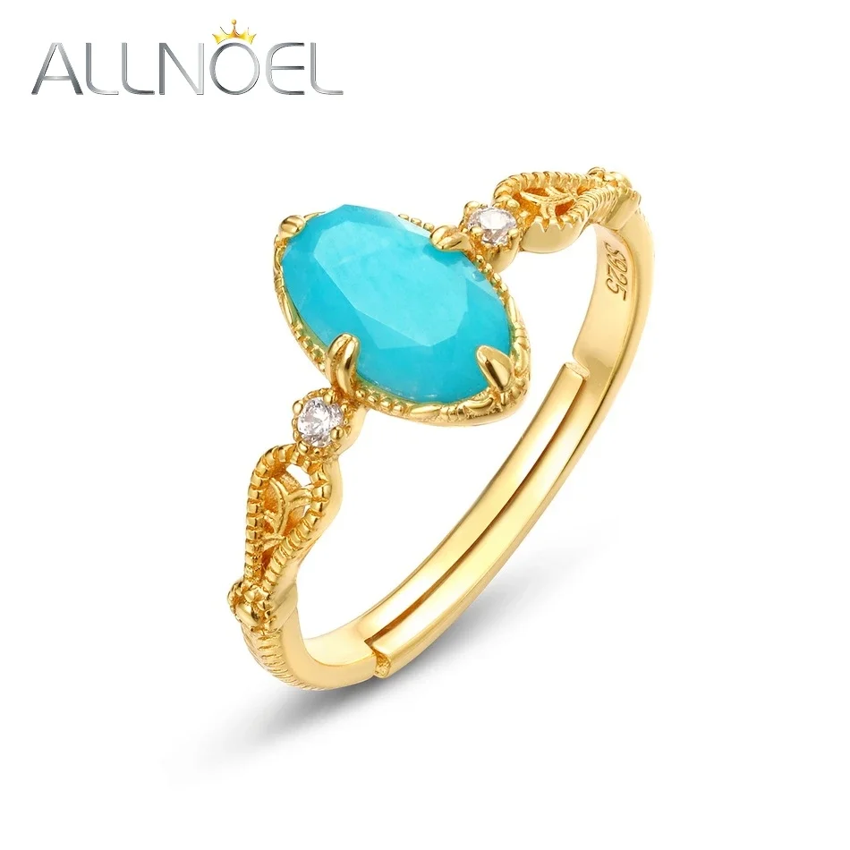 

ALLNOEL Natural Amazonite Gem Rings 925 Sterling Silver Resiable for Women Blue Gemstone Vintage Elegant Gifts Fine Jewelry