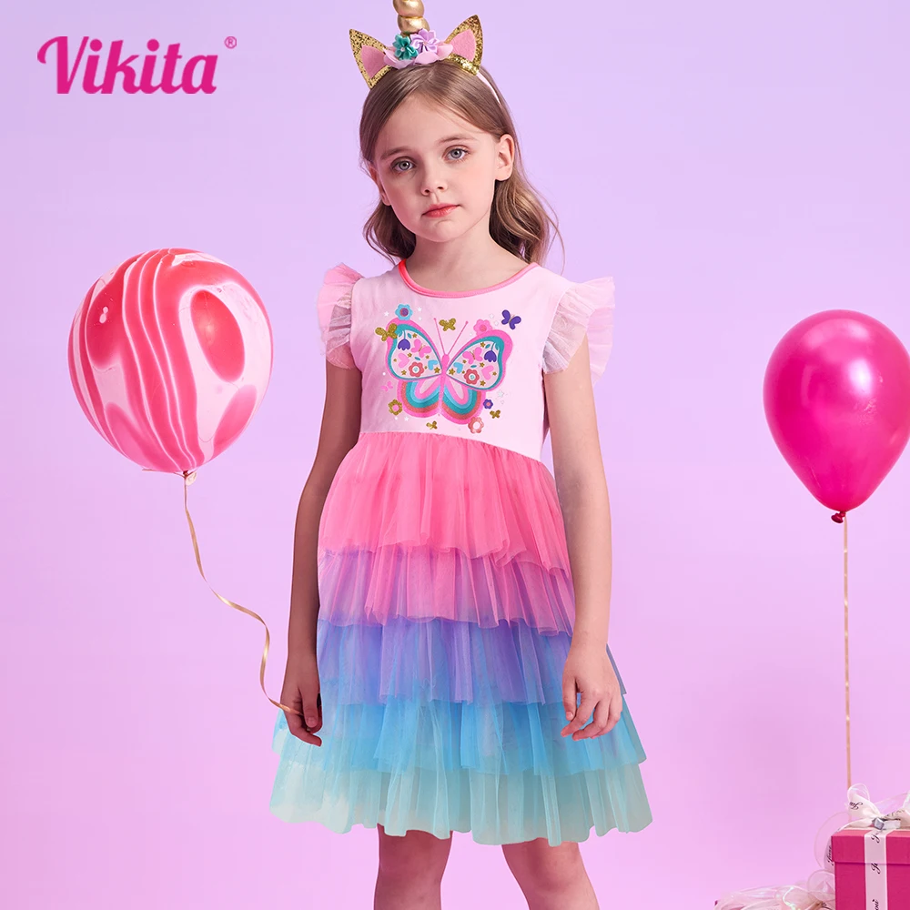 

VIKITA Girls Butterfly Print Flare Sleeve Summer Dresses Kids Pink Princess Birthday Party Performance Mesh Tulle Tutu Dresses