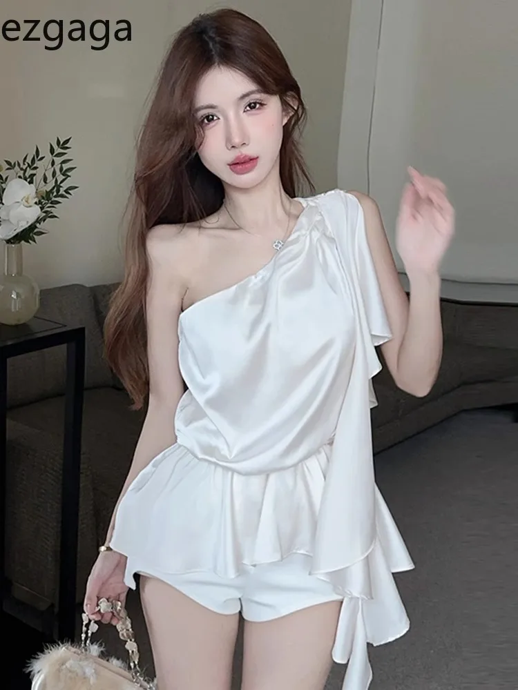 Ezgaga Women Shirts Satin Ribbon Irregular Off Shoulder Sleeveless Diagonal Collar Ruffles Sweet Elegant Blouse FemaleTops