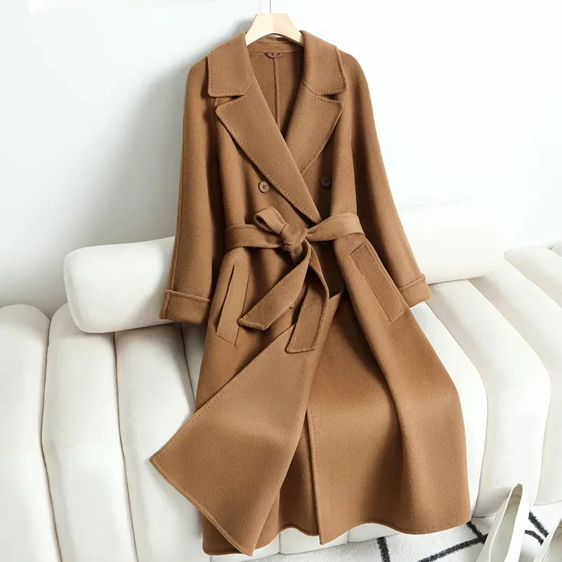 

2024 Korean Women Handmade Corrugated Water Ripples Coat Double-sided Cashmere Wool Long Woolen Jacket Cashmere Coat Outerwear