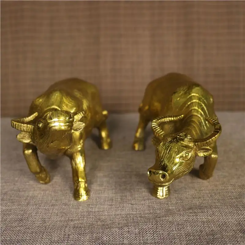 Pure copper buffalo with head up one facing down, a pair of animal desktop decorations for home, office, and livi