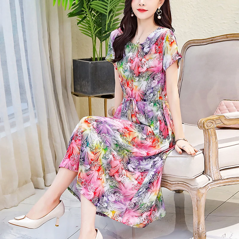 New Fashion Casual 2024 Summer Vintage Dresses O-Neck Print Floral Elegant Party Dress For Women Slim Plus Size Women Clothing