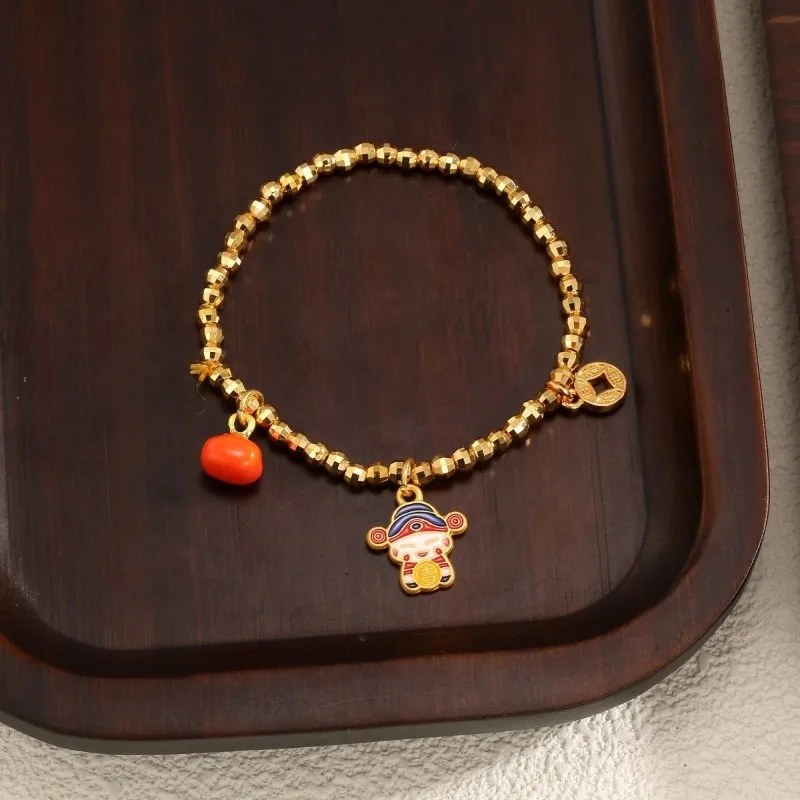 Ancient Copper Gold Enamel Wealth God Bracelet Chinese Style Sparkling Beads for Women Wishes Granted Protective Talisman Gift