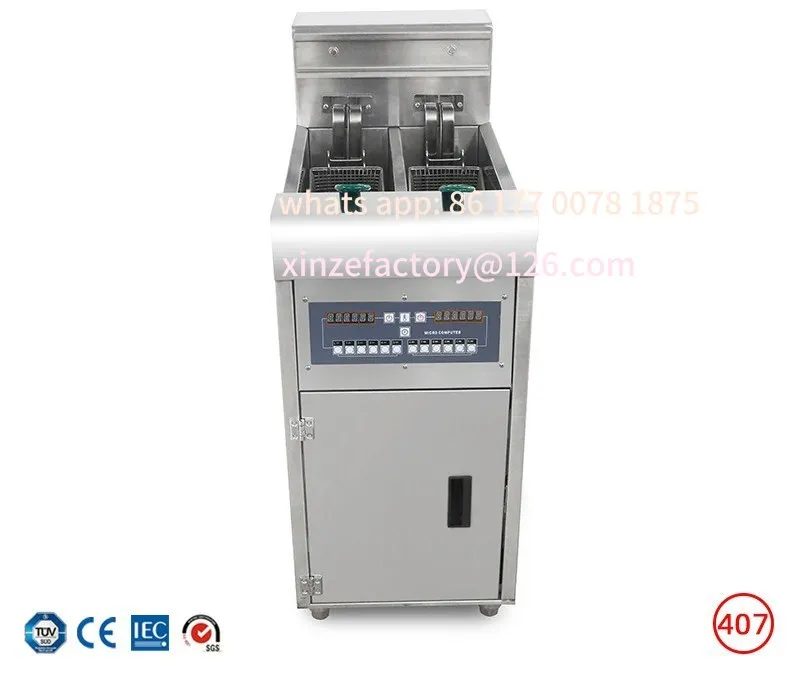 مقلاة مزدوجة من الفولاذ المقاوم للصدأ تجارية عمودية قابلة للتخصيص سعة 25 لتر، بطاطس مقلية، مقلاة دجاج مقلية