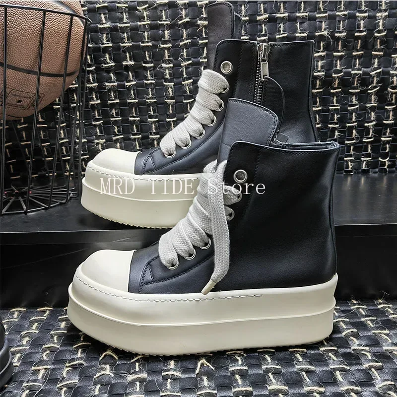 Men Women Owen Shoes Genuine Leather High To Ankle Boots Thick Sole Increasing Platform Zip Sneakers Vintage Original Luxury